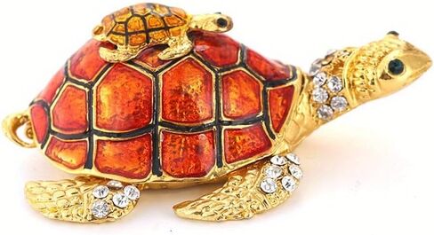 1Pc Crystals Bejeweled Turtle Trinket Box Hinged Enameled Mother-Child Tortoise Animal Figurine Jewelry Ring Holder Box Home Decor (Orange) in Saudi Arabia
