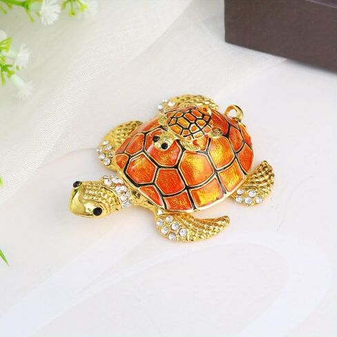 1Pc Crystals Bejeweled Turtle Trinket Box Hinged Enameled Mother-Child Tortoise Animal Figurine Jewelry Ring Holder Box Home Decor (Orange) in Saudi Arabia