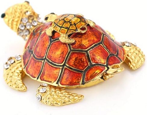 1Pc Crystals Bejeweled Turtle Trinket Box Hinged Enameled Mother-Child Tortoise Animal Figurine Jewelry Ring Holder Box Home Decor (Orange) in Saudi Arabia