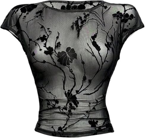 Verdusa Women's Y2K Goth Floral Mesh Sheer T Shirts Cap Sleeve Crew Neck Fitted Crop Tops in Saudi Arabia