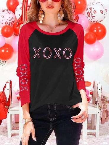 قمصان عيد الحب للنساء تي شيرت مطبوع عليه حروف الحب تي شيرت مضحك بالترتر لعيد الحب XOXO بأكمام طويلة كاجوال in Saudi Arabia