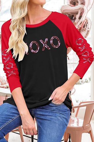 قمصان عيد الحب للنساء تي شيرت مطبوع عليه حروف الحب تي شيرت مضحك بالترتر لعيد الحب XOXO بأكمام طويلة كاجوال in Saudi Arabia
