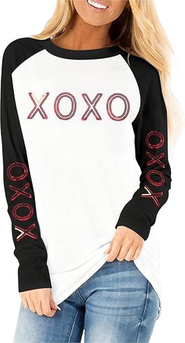 قمصان عيد الحب للنساء تي شيرت مطبوع عليه حروف الحب تي شيرت مضحك بالترتر لعيد الحب XOXO بأكمام طويلة كاجوال in Saudi Arabia