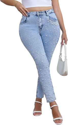 EZAPINE Pearls Skinny Jeans for Women High Waist Stretchy Trendy Slimming Jeggings Denim Pants in Saudi Arabia