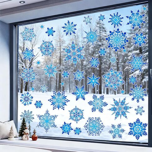 Konsait 112 Pcs Laser Rainbow Snowflake Window Clings Double Sided Christmas Window Decals to Prevent Bird Strikes Blue Christmas Decor for Glass Reusable Static Clings for Winter Decorations in Saudi Arabia