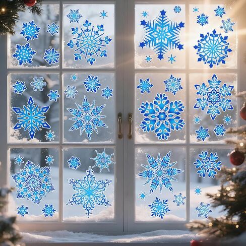 Konsait 112 Pcs Laser Rainbow Snowflake Window Clings Double Sided Christmas Window Decals to Prevent Bird Strikes Blue Christmas Decor for Glass Reusable Static Clings for Winter Decorations in Saudi Arabia