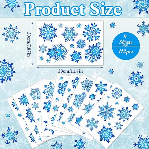 Konsait 112 Pcs Laser Rainbow Snowflake Window Clings Double Sided Christmas Window Decals to Prevent Bird Strikes Blue Christmas Decor for Glass Reusable Static Clings for Winter Decorations in Saudi Arabia