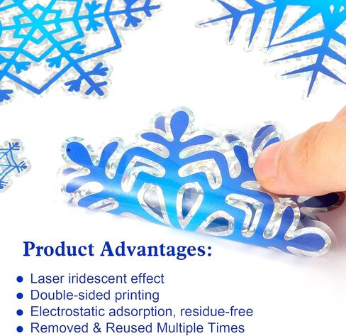 Konsait 112 Pcs Laser Rainbow Snowflake Window Clings Double Sided Christmas Window Decals to Prevent Bird Strikes Blue Christmas Decor for Glass Reusable Static Clings for Winter Decorations in Saudi Arabia