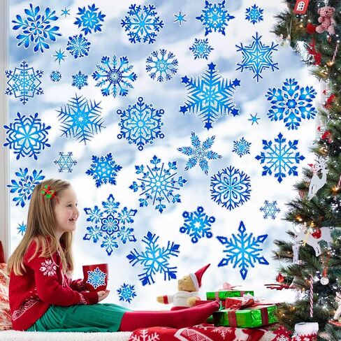Konsait 112 Pcs Laser Rainbow Snowflake Window Clings Double Sided Christmas Window Decals to Prevent Bird Strikes Blue Christmas Decor for Glass Reusable Static Clings for Winter Decorations in Saudi Arabia