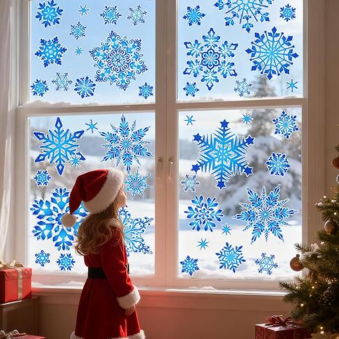 Konsait 112 Pcs Laser Rainbow Snowflake Window Clings Double Sided Christmas Window Decals to Prevent Bird Strikes Blue Christmas Decor for Glass Reusable Static Clings for Winter Decorations in Saudi Arabia