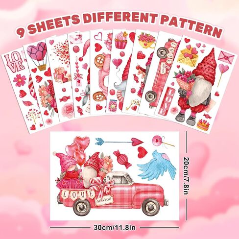 JarThenaAMCS 9 Sheets Valentine's Day Wall Stickers Watercolor Gnome PVC Plastic Decorative Decals Red Pink Love Heart Window Decor for Home Classroom Party Supplies, 7.8 x 11.8 Inch in Saudi Arabia