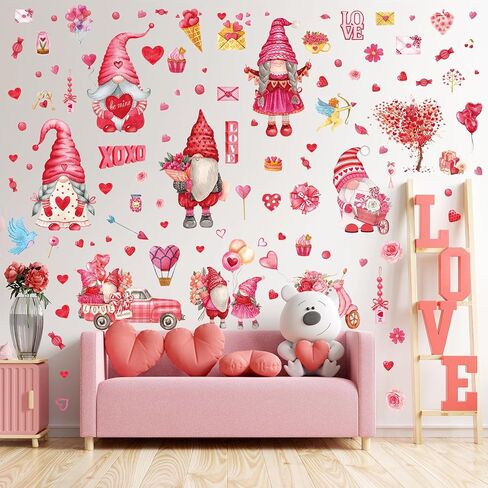 JarThenaAMCS 9 Sheets Valentine's Day Wall Stickers Watercolor Gnome PVC Plastic Decorative Decals Red Pink Love Heart Window Decor for Home Classroom Party Supplies, 7.8 x 11.8 Inch in Saudi Arabia