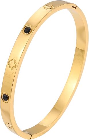 Gold-Plated Stainless Steel Bangle for women-Black Rhinestone & Clover Accents, Durable Daily Wear in Saudi Arabia