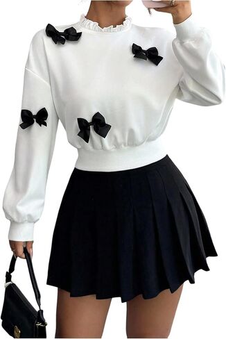 SweatyRocks Women's Bow Mock Neck Sweatshirts Long Sleeve Drop Shoulder Cute Pullover Tops in Saudi Arabia