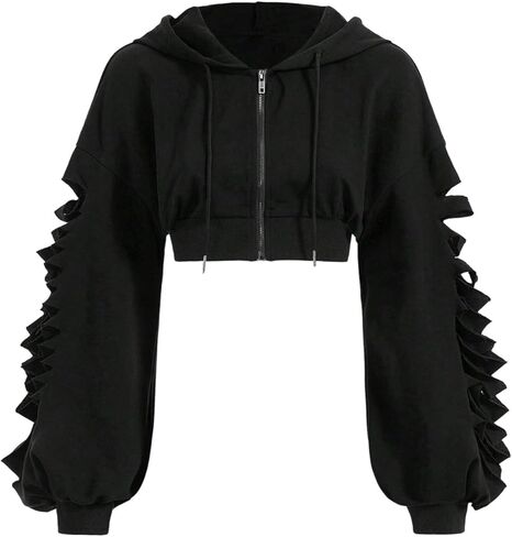 Floerns Women's Plus Size Cut Out Hooded Sweatshirt Zip Up Long Sleeve Cropped Hoodies Fall Outfit in Saudi Arabia