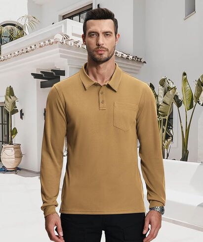 Men's Polo Shirts Golf Long Sleeve Collared Tshirt Athletic Casual with Chest Pocket in Saudi Arabia