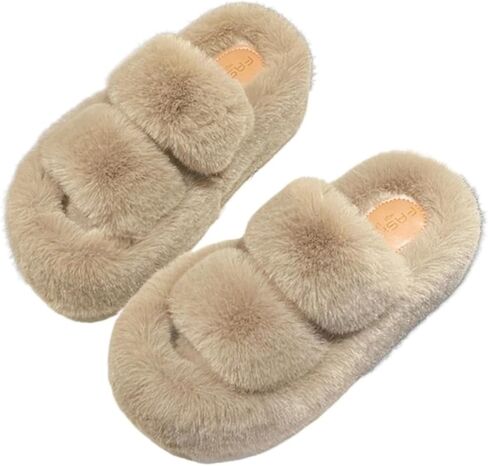 Intellwin Women's Fluffy Open-Toe Platform Slippers Cozy Fur Sandals Thick Sole House Shoes for Indoor & Outdoor Wear in Saudi Arabia