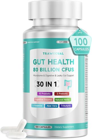 مكمل كبسولة صحة القناة الهضمية Trawecual، يدعم الميكروبيوم، والأمعاء المتسربة، والهضم، مع 80 مليار وحدة تشكيل مستعمرة من البروبيوتيك، والبريبايوتكس، والإنزيمات الهاضمة، ومكمل غذائي لصحة الأمعاء 30 في 1، 100 كبسولة in Kuwait