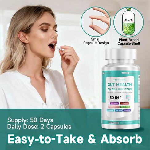 مكمل كبسولة صحة القناة الهضمية Trawecual، يدعم الميكروبيوم، والأمعاء المتسربة، والهضم، مع 80 مليار وحدة تشكيل مستعمرة من البروبيوتيك، والبريبايوتكس، والإنزيمات الهاضمة، ومكمل غذائي لصحة الأمعاء 30 في 1، 100 كبسولة in Kuwait