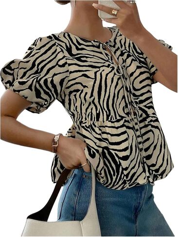 GORGLITTER Women's Animal Print Puff Short Sleeve Baby Doll Peplum Tops Trendy Summer Tie Front Blouse Shirt Top Dressy in Saudi Arabia
