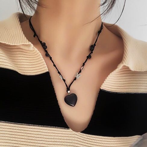 Bohemian Heart Choker Necklace Black Onyx Heart Pendant Necklace Cord Collar Rope Necklaces Jewelry Gifts for Women in Saudi Arabia