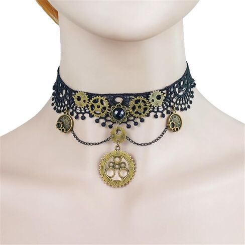 RLHRNDE Steam Punk Lace Necklace for Women Handmade Lolita Victorian Retro Gear Clock Choker Cross Pendant Necklace Halloween Gothic Costume Party in Saudi Arabia