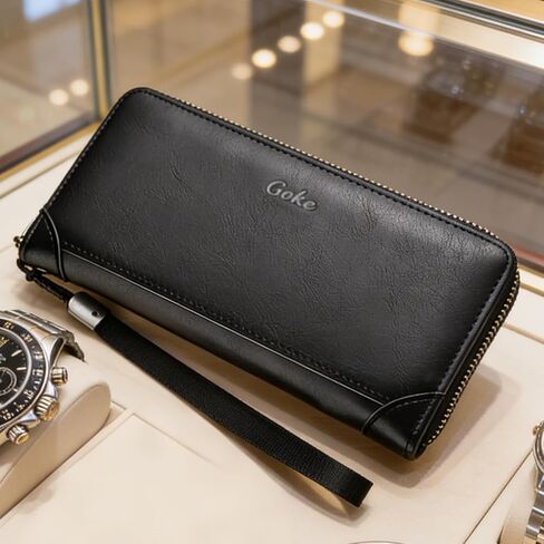 Mens Long Wallet with Zipper, Large Capacity Leather Billfold with Multiple Card Slots and Document Pocket, Multi-Functional RFID Blocking Organizer (Black) in Saudi Arabia