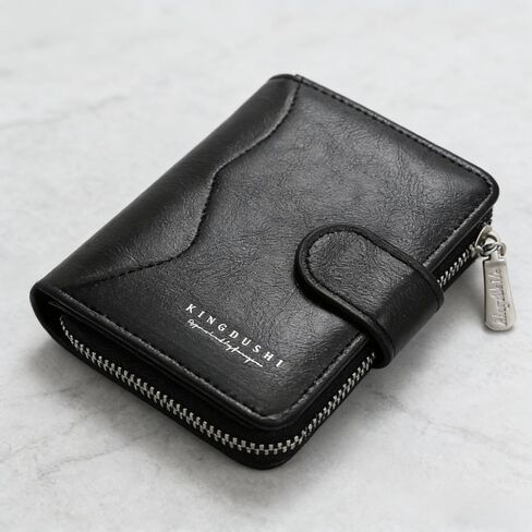 Men Wallet, Leather Card Wallet Large Capacity Short Wallet Multifunctional Card Case with ID Card Window Zip Button(Black) in Saudi Arabia