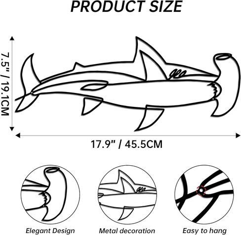 Slickss Hammerhead Shark Wall Decor، الحد الأدنى من فن الخط المعدني للحمام وغرفة المعيشة، هدية لمحبي القرش، تعليق على الحائط تحت عنوان المحيط، ديكور حمام القرش (17.9 بوصة × 7.5 بوصة) in Saudi Arabia