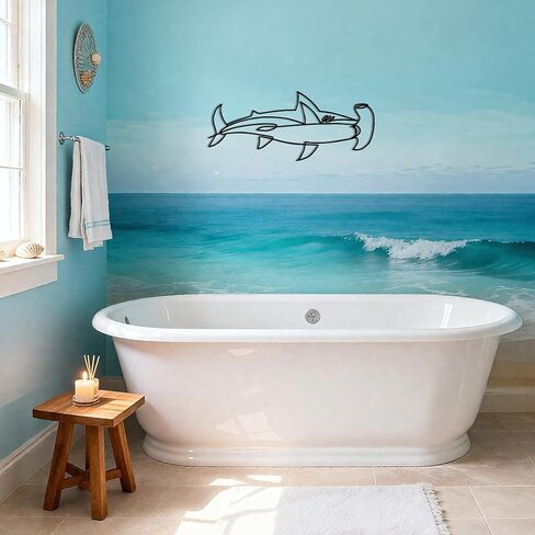Slickss Hammerhead Shark Wall Decor، الحد الأدنى من فن الخط المعدني للحمام وغرفة المعيشة، هدية لمحبي القرش، تعليق على الحائط تحت عنوان المحيط، ديكور حمام القرش (17.9 بوصة × 7.5 بوصة) in Saudi Arabia