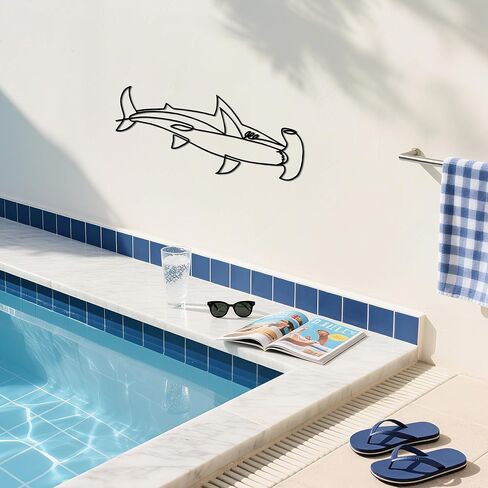 Slickss Hammerhead Shark Wall Decor، الحد الأدنى من فن الخط المعدني للحمام وغرفة المعيشة، هدية لمحبي القرش، تعليق على الحائط تحت عنوان المحيط، ديكور حمام القرش (17.9 بوصة × 7.5 بوصة) in Saudi Arabia
