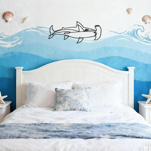 Slickss Hammerhead Shark Wall Decor، الحد الأدنى من فن الخط المعدني للحمام وغرفة المعيشة، هدية لمحبي القرش، تعليق على الحائط تحت عنوان المحيط، ديكور حمام القرش (17.9 بوصة × 7.5 بوصة) in Saudi Arabia