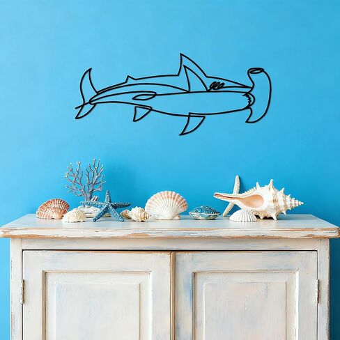 Slickss Hammerhead Shark Wall Decor، الحد الأدنى من فن الخط المعدني للحمام وغرفة المعيشة، هدية لمحبي القرش، تعليق على الحائط تحت عنوان المحيط، ديكور حمام القرش (17.9 بوصة × 7.5 بوصة) in Saudi Arabia