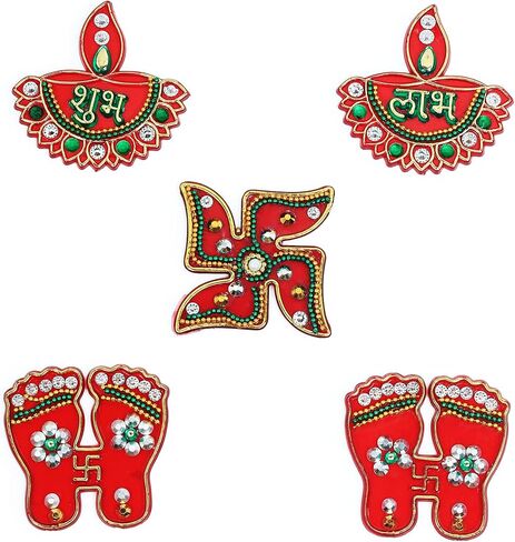 Red Kalash Design Diwali Shubh labh مع Laxmi Charan Paduka Feet Pagala Diwali Door Rangoli Floor Decorations Decoration Studded Stones Sequins in Saudi Arabia
