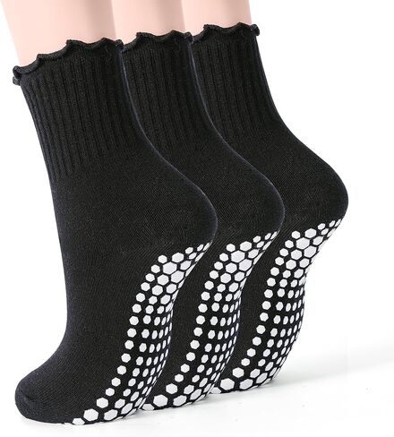 SkiBeaut Pilates Grips Socks- Yoga Women Non Slip Grippers Anti Skid Sticky Hospital Socks for Senior, 3 Pairs, US Size 5-9 in Saudi Arabia