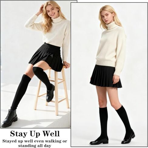 3 أزواج من جوارب LXUEJIE النسائية غير الشفافة القابلة للتمدد من القطن حتى الركبة، جوارب سوداء ناعمة كاجوال للفتيات ملابس يومية لعيد الميلاد in Saudi Arabia