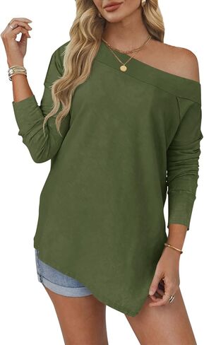Tankaneo Womens Off The Shoulder Tops Casual Long Sleeve T Shirts Irregular Hem Split Tunics Loose Fall Blouse Shirt in Saudi Arabia