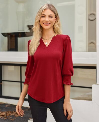 Uhiger Tunic Tops for Women 3/4 Length Sleeve Womens Tops V Neck Blouses Shirts Dressy Casual with Smocked Cuffs in Saudi Arabia