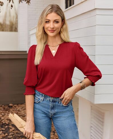 Uhiger Tunic Tops for Women 3/4 Length Sleeve Womens Tops V Neck Blouses Shirts Dressy Casual with Smocked Cuffs in Saudi Arabia