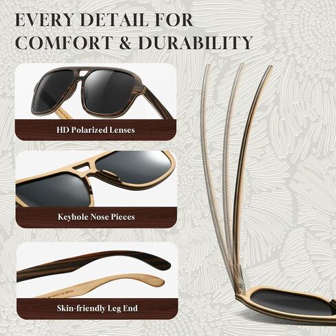 SUNAIT Light Burl/Black Oak/Zebra & Ebony/Maple Wood Sunglasses Classic Square Aviator for Men & Women HD Polarized Lens in Saudi Arabia