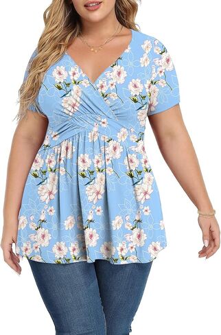 MK Shop Limited Plus Size Tops for Women Summer Dressy Sexy Curvy Tunic Flower Graphic tess Short Sleeve Tops Loose Deep V Neck Low Cut Maternity Blouse in Saudi Arabia
