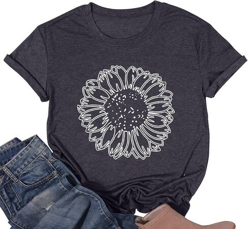 Women's Sunflower Shirt Cute Flower Blessing Pattern T-Shirt Loose Round Neck Casual Top in Saudi Arabia