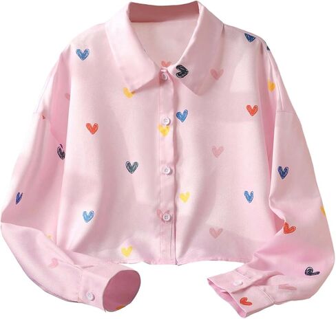 SHENHE Girl's Collared Long Sleeve Button Down Shirts Loose Basic Cropped Blouse Top in Saudi Arabia