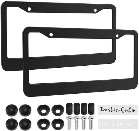 2PCS Stainless Steel License Plate Frames, 2 Holes Car Licence Plate Covers with Screws Washers and Caps, Car Exterior Accessories, License Plate Holder for US Vehicles Black in Saudi Arabia