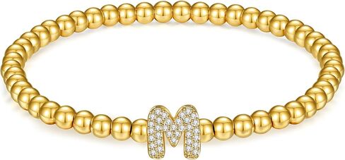 Gold Initial Bracelet for Women: Dainty 14K Gold Plated Stretch Beaded Bracelet with Cubic Zirconia Letter Charm, Adjustable for Small Wrist, Valentine‘s Day Birthday Graduation Gift for Her in Saudi Arabia
