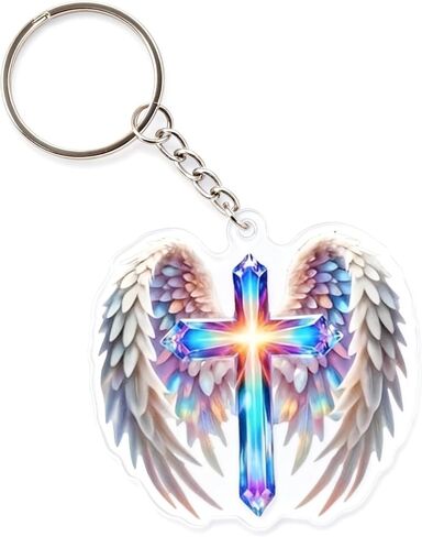 Acrylic Angel Wings Cross Keychain with Rainbow Holographic Design, Lightweight Backpack Charm with Lobster Clasp in Saudi Arabia