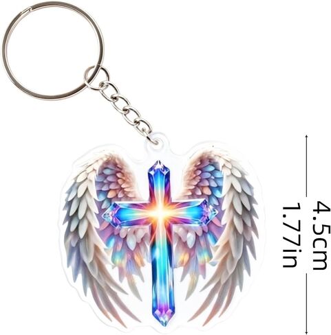 Acrylic Angel Wings Cross Keychain with Rainbow Holographic Design, Lightweight Backpack Charm with Lobster Clasp in Saudi Arabia