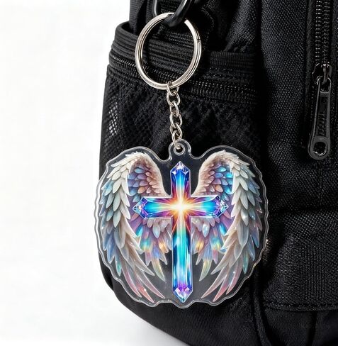 Acrylic Angel Wings Cross Keychain with Rainbow Holographic Design, Lightweight Backpack Charm with Lobster Clasp in Saudi Arabia