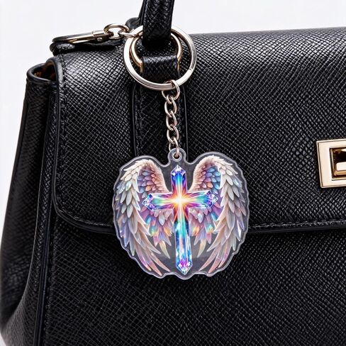 Acrylic Angel Wings Cross Keychain with Rainbow Holographic Design, Lightweight Backpack Charm with Lobster Clasp in Saudi Arabia