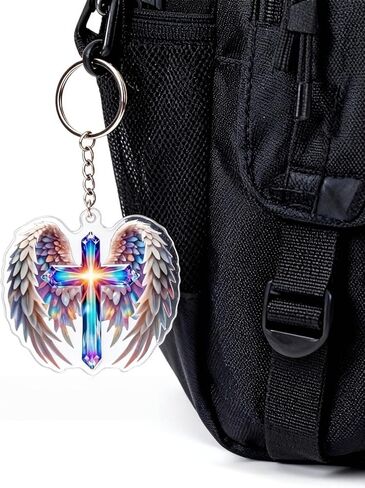 Acrylic Angel Wings Cross Keychain with Rainbow Holographic Design, Lightweight Backpack Charm with Lobster Clasp in Saudi Arabia
